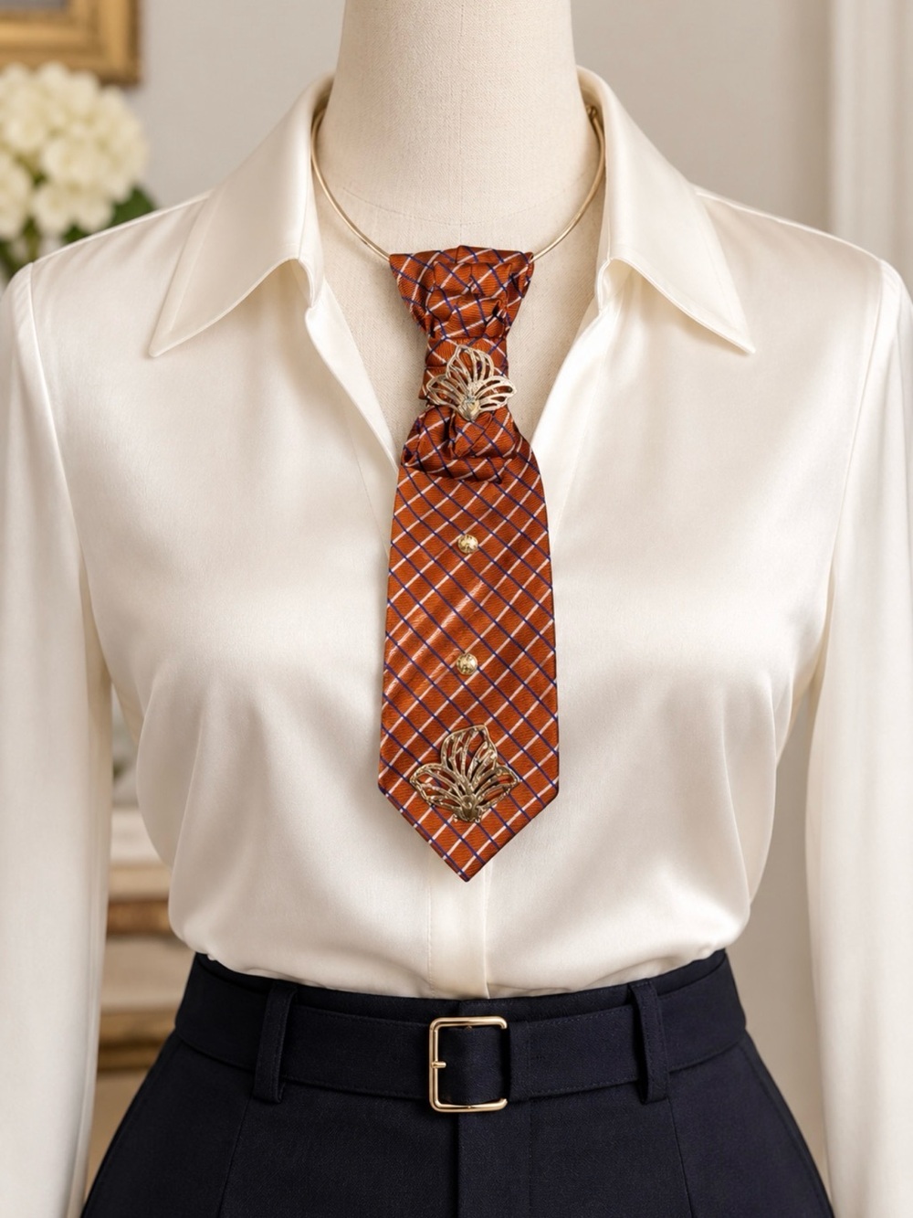 Upcycled Autumn Plaid Necktie Necklace Gold Tone Vintage Brooch Fall Academia